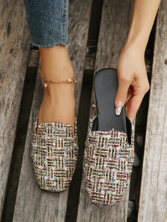 女士格紋圖案方頭度假織物穆勒平底鞋適用於戶外