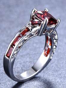 方晶鋯石裝飾戒指時尚方晶鋯石首飾類女士訂婚戒指合金戒指適合男士女士 - 紅色 - 查看 2