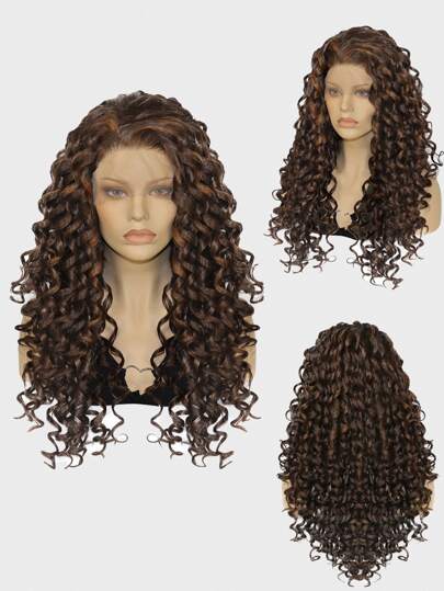 13*2合成纖維蕾絲前假髮長款漸層棕色蜂蜜金發自然螺旋卷前蕾絲假髮適用於時尚迷人女士日常派對使用無膠耐熱纖維頭髮130%高密度24英寸部分深Jerry捲髮卷自然預拔毛髮際線高清透明蕾絲假髮和1入組假髮帽