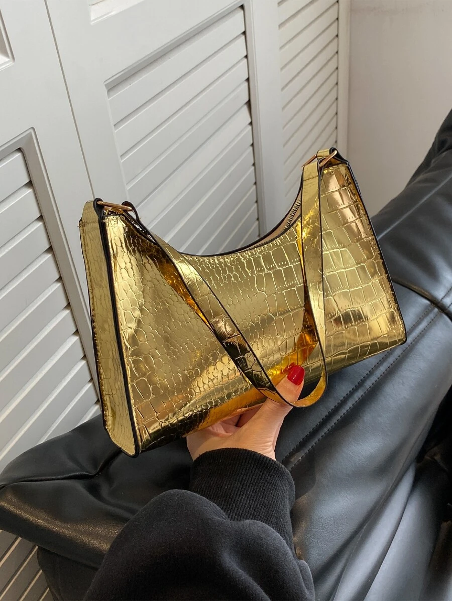 金屬質感單肩包鱷魚壓紋法棍包
