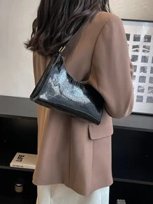 Crocodile Print Shoulder Bag Black Bag - Black - View 7