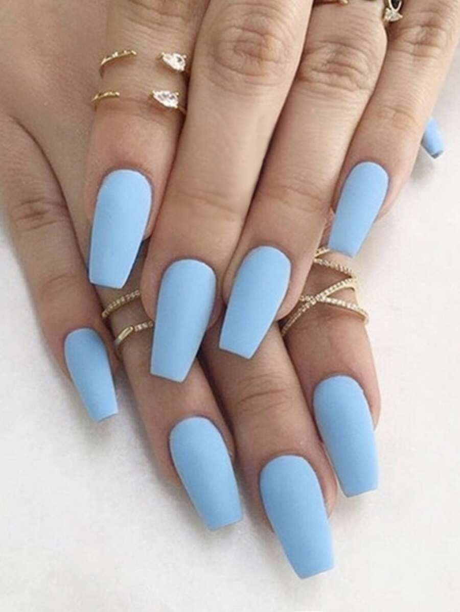 Sky Blue Nail Art - 24pcs/Set Short Ballet Style Fake Nails With Small Nail File & Jelly Glue Sticker Press On Nails Nail Supplies - Blue - View 1