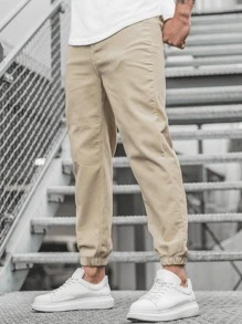 Manfinity Homme 男士純色束口運動長褲 - 卡其色 - 查看 4