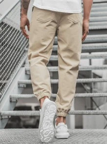 Manfinity Homme 男士純色束口運動長褲 - 卡其色 - 查看 2