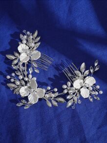 1入裝女性花朵和珍珠裝飾優雅新娘頭飾，適用於婚禮晚會波西米亞頭飾