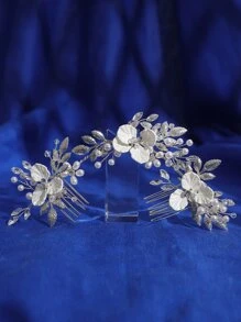 1入裝女性花朵和珍珠裝飾優雅新娘頭飾，適用於婚禮晚會波西米亞頭飾