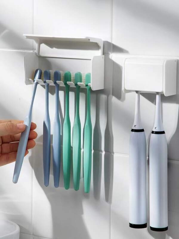 HANATA 1pc PS Wall Mounted Toothbrush Storage Rack, Punch-free Dustproof Wall Mounted Self Adhesive Toothbrush Stand Rack For Bathroom