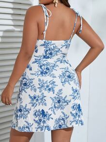 SHEIN VCAY Đầm Plus Size Thắt nút Hoa Tất cả trên in Boho - Màu xanh lam - Xem 2