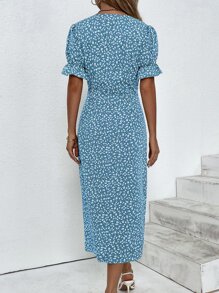 Breezaya Ditsy Floral Print Button Detail Asymmetrical Hem Dress Maxi Vacation Beach Outfits Women - Blue - View 2