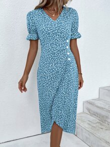 Breezaya Ditsy Floral Print Button Detail Asymmetrical Hem Dress Maxi Vacation Beach Outfits Women - Blue - View 4