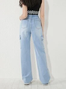 SHEIN Bé Gái Quần Jeans Nút Túi Dây kéo màu trơn - Rửa nhẹ - Xem 2
