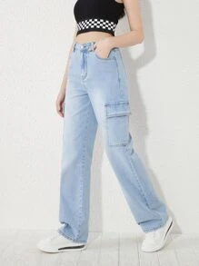 SHEIN Bé Gái Quần Jeans Nút Túi Dây kéo màu trơn - Rửa nhẹ - Xem 5
