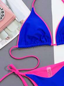 Swim SXY Summer Beach Contrast Binding Halter Triangle Bikini Set - Royal Blue - View 3