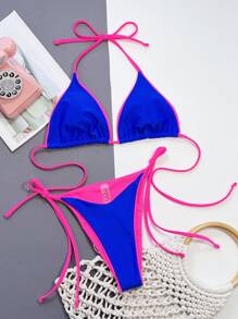 Swim SXY Summer Beach Contrast Binding Halter Triangle Bikini Set - Royal Blue - View 4