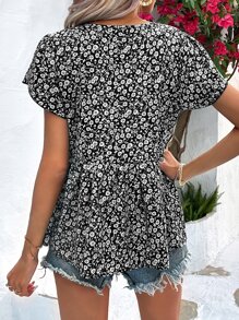 SHEIN VCAY 碎花花瓣袖荷葉邊下擺襯衫 - 黑與白 - 查看 2