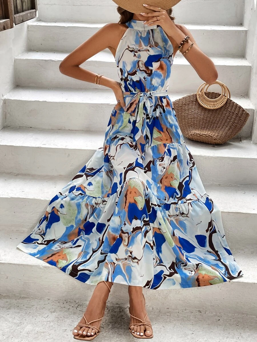 Breezaya Allover Print Ruffle Hem Belted Halter Dress - Blue - View 1