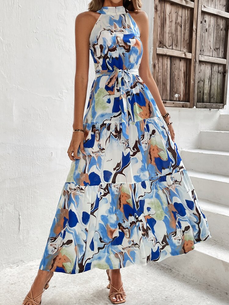 Breezaya Allover Print Ruffle Hem Belted Halter Dress - Blue - View 4