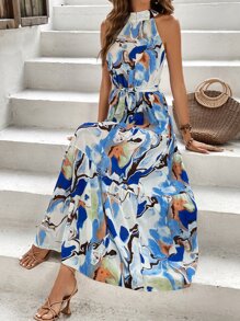 Breezaya Allover Print Ruffle Hem Belted Halter Dress - Blue - View 5