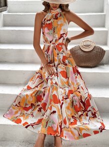 Breezaya Allover Print Ruffle Hem Belted Halter Dress - Multicolor - View 3