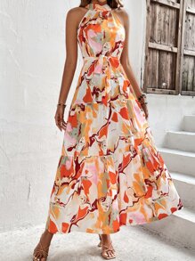 Breezaya Allover Print Ruffle Hem Belted Halter Dress - Multicolor - View 6