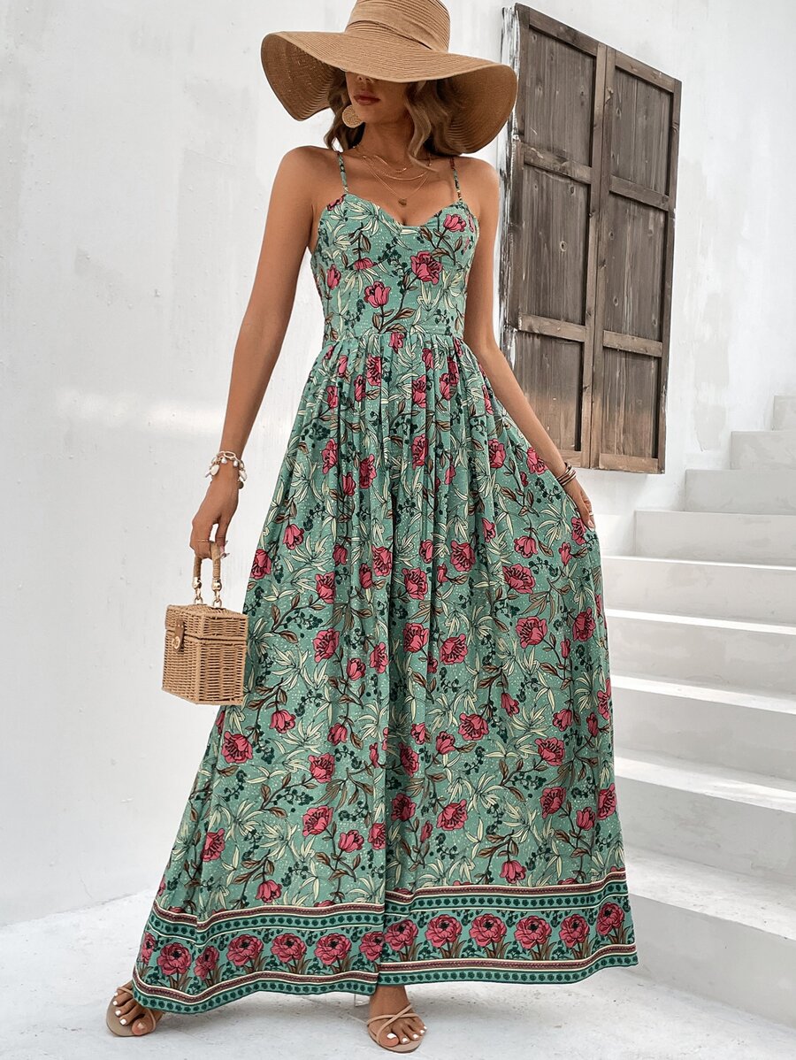 SHEIN VCAY Floral Print Cami Dress - Green - View 1