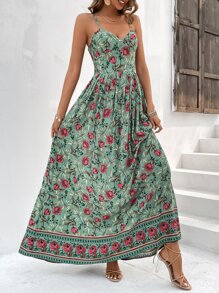 SHEIN VCAY Floral Print Cami Dress - Green - View 3