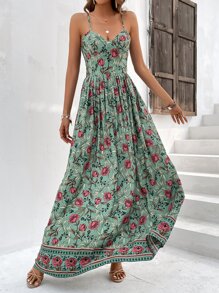 SHEIN VCAY Floral Print Cami Dress - Green - View 6