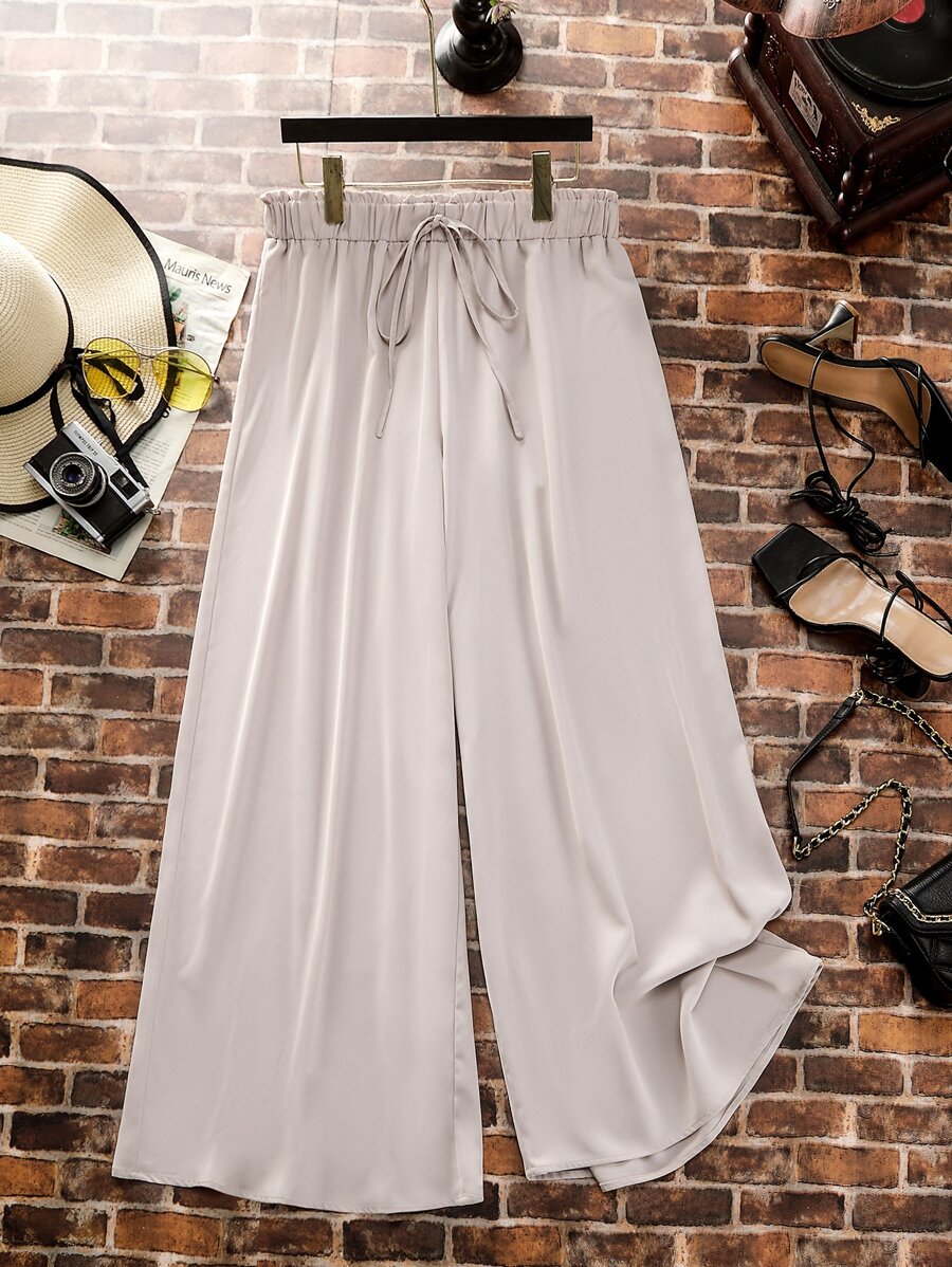 SHEIN LUNE Plus Tie Waist Wide Leg Pants - Apricot - View 1