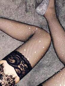 1pair Women Rhinestone Decor Sexy Over The Knee Socks - Black - View 3