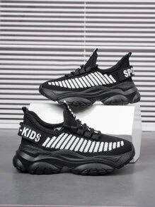 男孩繫帶字母織帶裝飾條紋圖案老爹鞋運動戶外織物運動鞋