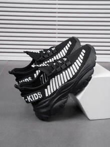 男孩繫帶字母織帶裝飾條紋圖案老爹鞋運動戶外織物運動鞋