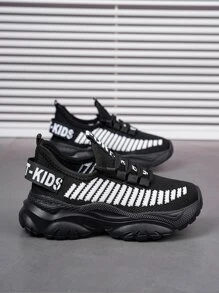 男孩繫帶字母織帶裝飾條紋圖案老爹鞋運動戶外織物運動鞋