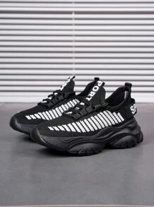 男孩繫帶字母織帶裝飾條紋圖案老爹鞋運動戶外織物運動鞋