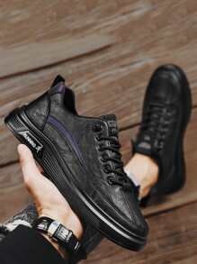 男士字母細節前綁帶運動鞋黑色板鞋 - 黑色 - 查看 1