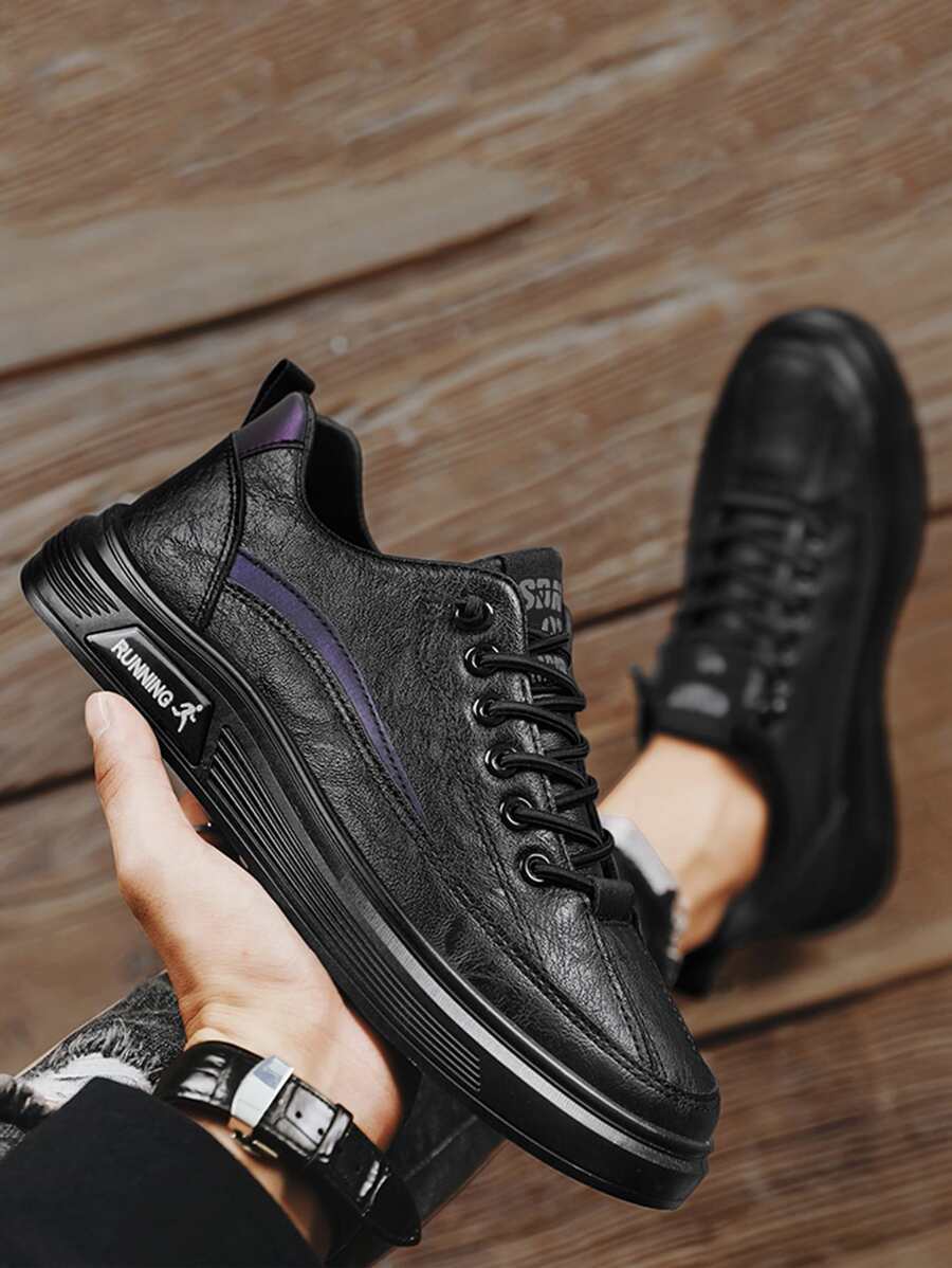 男士字母細節前綁帶運動鞋黑色板鞋 - 黑色 - 查看 1