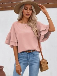 SHEIN LUNE Áo sơ mi nữ Xù phân lớp màu trơn Giải trí - Bụi hồng - Xem 1