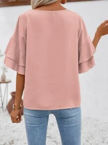 SHEIN LUNE Áo sơ mi nữ Xù phân lớp màu trơn Giải trí - Bụi hồng - Xem 2