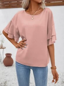 SHEIN LUNE Áo sơ mi nữ Xù phân lớp màu trơn Giải trí - Bụi hồng - Xem 3