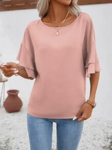 SHEIN LUNE Áo sơ mi nữ Xù phân lớp màu trơn Giải trí - Bụi hồng - Xem 4