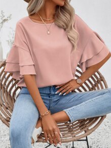 SHEIN LUNE Áo sơ mi nữ Xù phân lớp màu trơn Giải trí - Bụi hồng - Xem 5