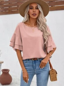 SHEIN LUNE Áo sơ mi nữ Xù phân lớp màu trơn Giải trí - Bụi hồng - Xem 6