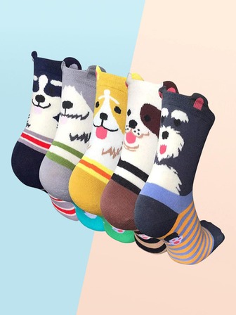 5雙女士卡通圖案休閒中筒襪