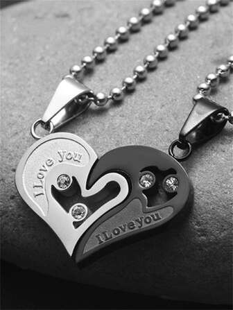 2入組/套情侶字母細節心形吊飾“我愛你”項鍊套裝