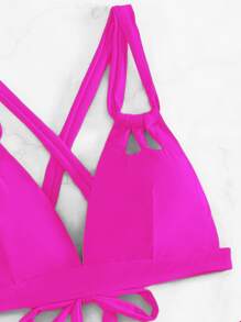 SHEIN Swim 夏季海灘鏤空抽繩側邊高腰比基尼套裝 - 玫紅色 - 查看 3