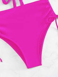 SHEIN Swim 夏季海灘鏤空抽繩側邊高腰比基尼套裝 - 玫紅色 - 查看 4