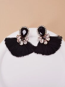 Rhinestone Decor Tassel Drop Earrings - Black - View 1