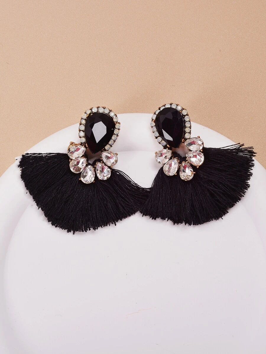 Rhinestone Decor Tassel Drop Earrings - Black - View 1