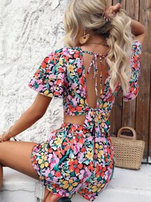 Breezaya Allover Floral Print Tie Backless Top & Shorts - Multicolor - View 3