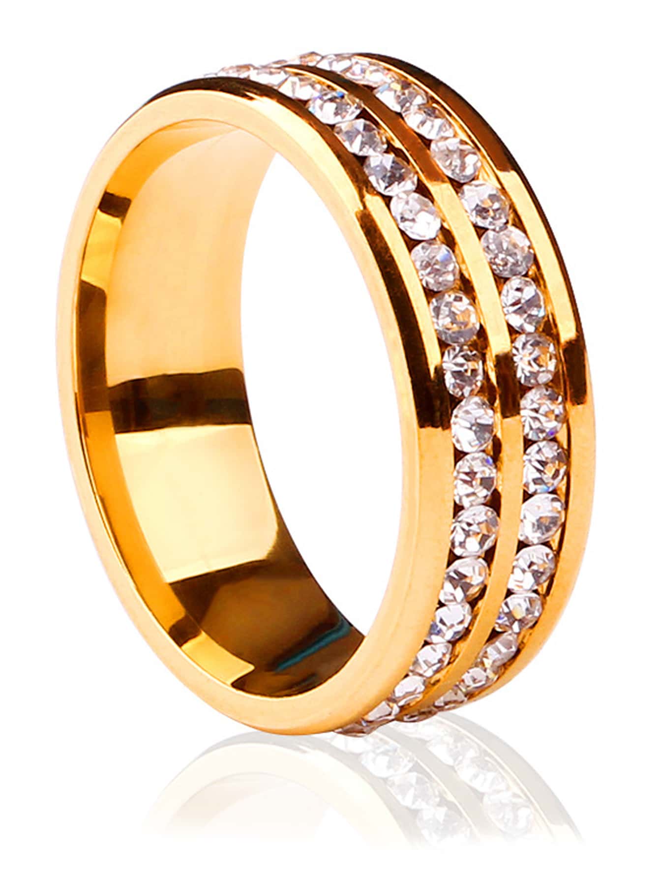 Men Rhinestone Decor Ring Fashion Casual Romantic Stainless Steel Double Row Cubic Zirconia Ring For Engagement Wedding - Yellow Gold - View 1