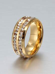 Men Rhinestone Decor Ring Fashion Casual Romantic Stainless Steel Double Row Cubic Zirconia Ring For Engagement Wedding - Yellow Gold - View 2